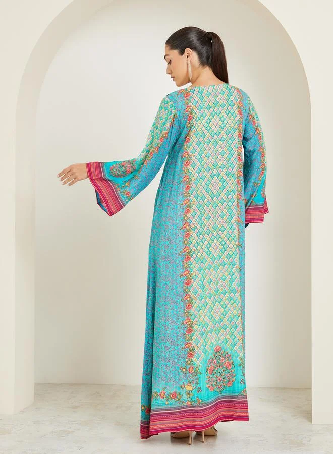Amirah  Blue Printed A-Line Jalabiya for Women | Best Price UAE